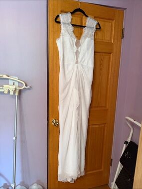 BCBGMaxAzria White Lace-Accent Midi Dress.